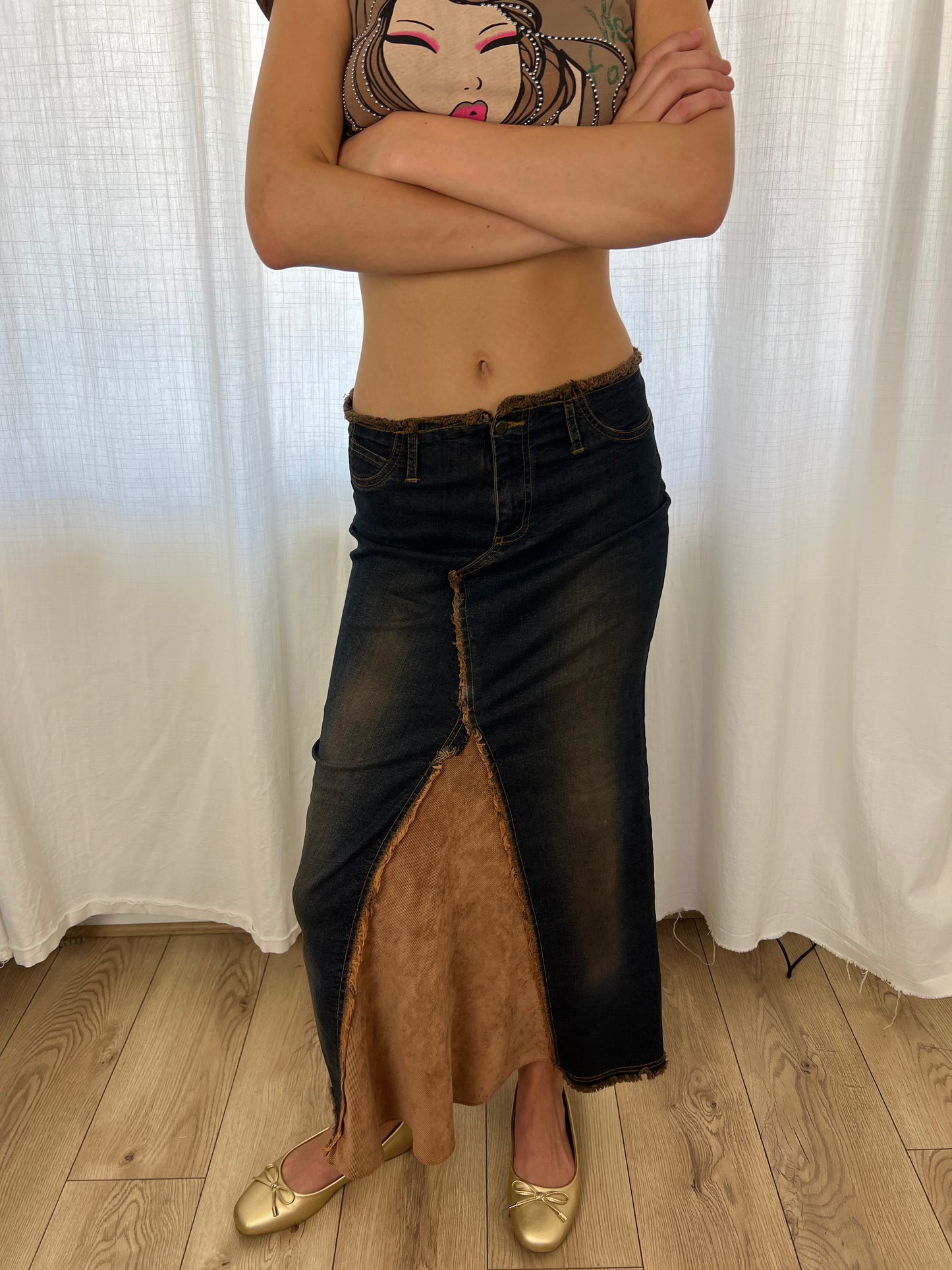 Vintage patchwork denim maxi skirt
