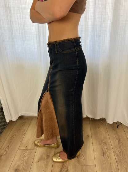 Vintage patchwork denim maxi skirt