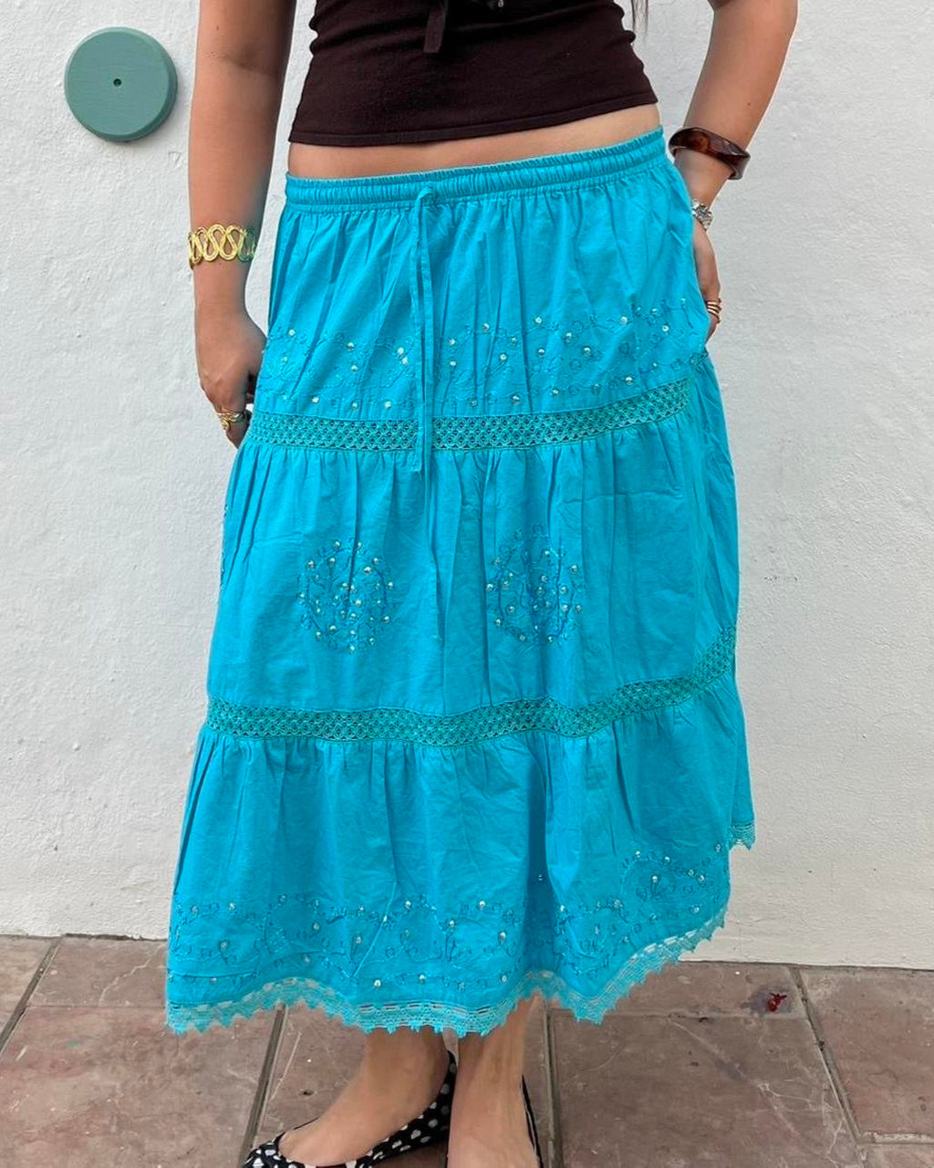 Blue boho sequin midi skirt