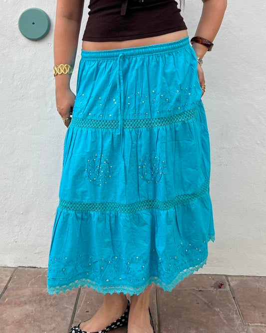 Blue boho sequin midi skirt