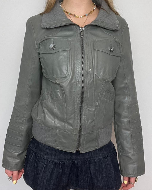 ONLY grey leather bomber jacket