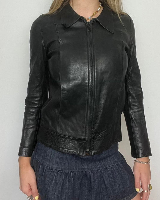 black leather zip up jacket