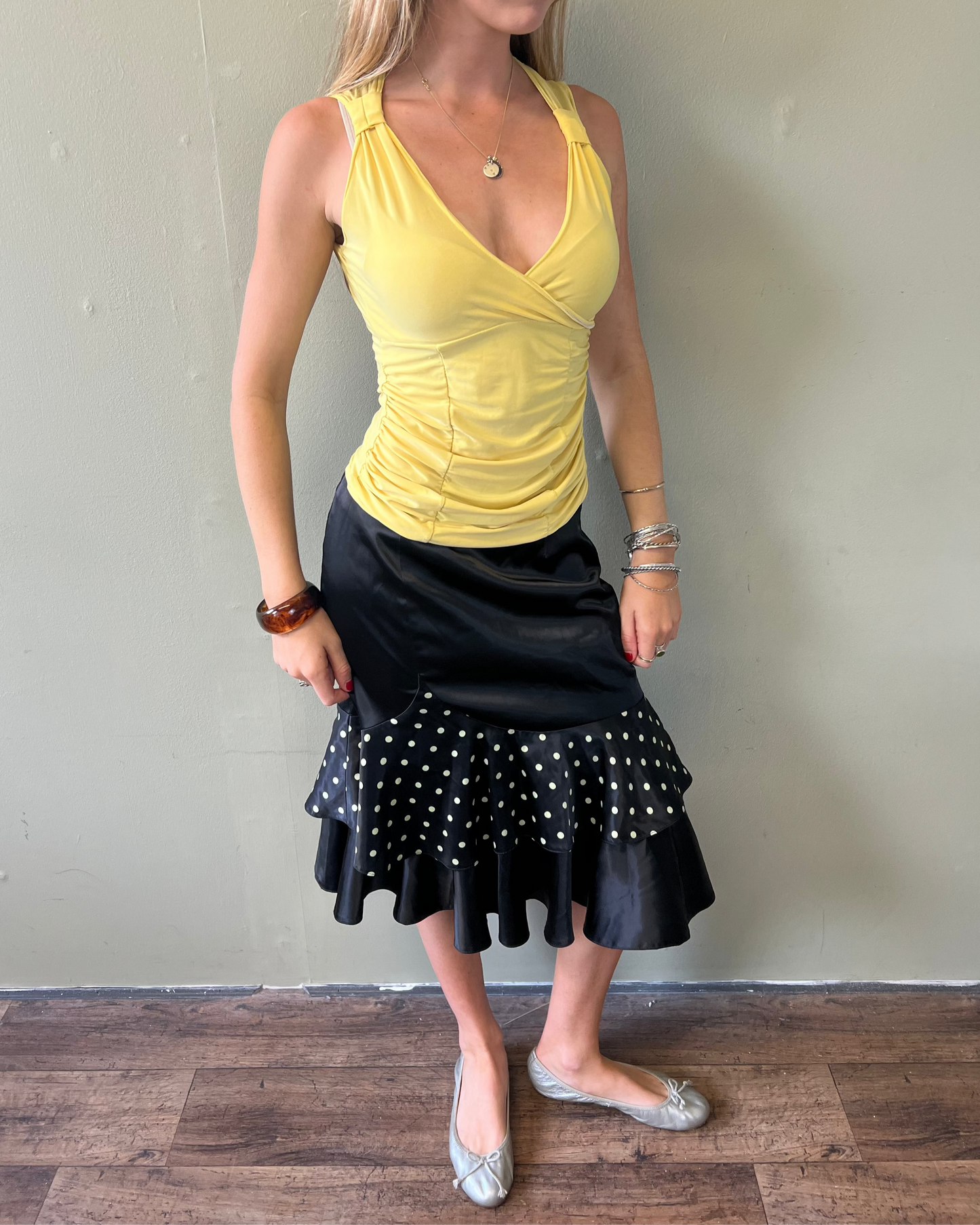 vintage 00s polka dot ruffle midi skirt