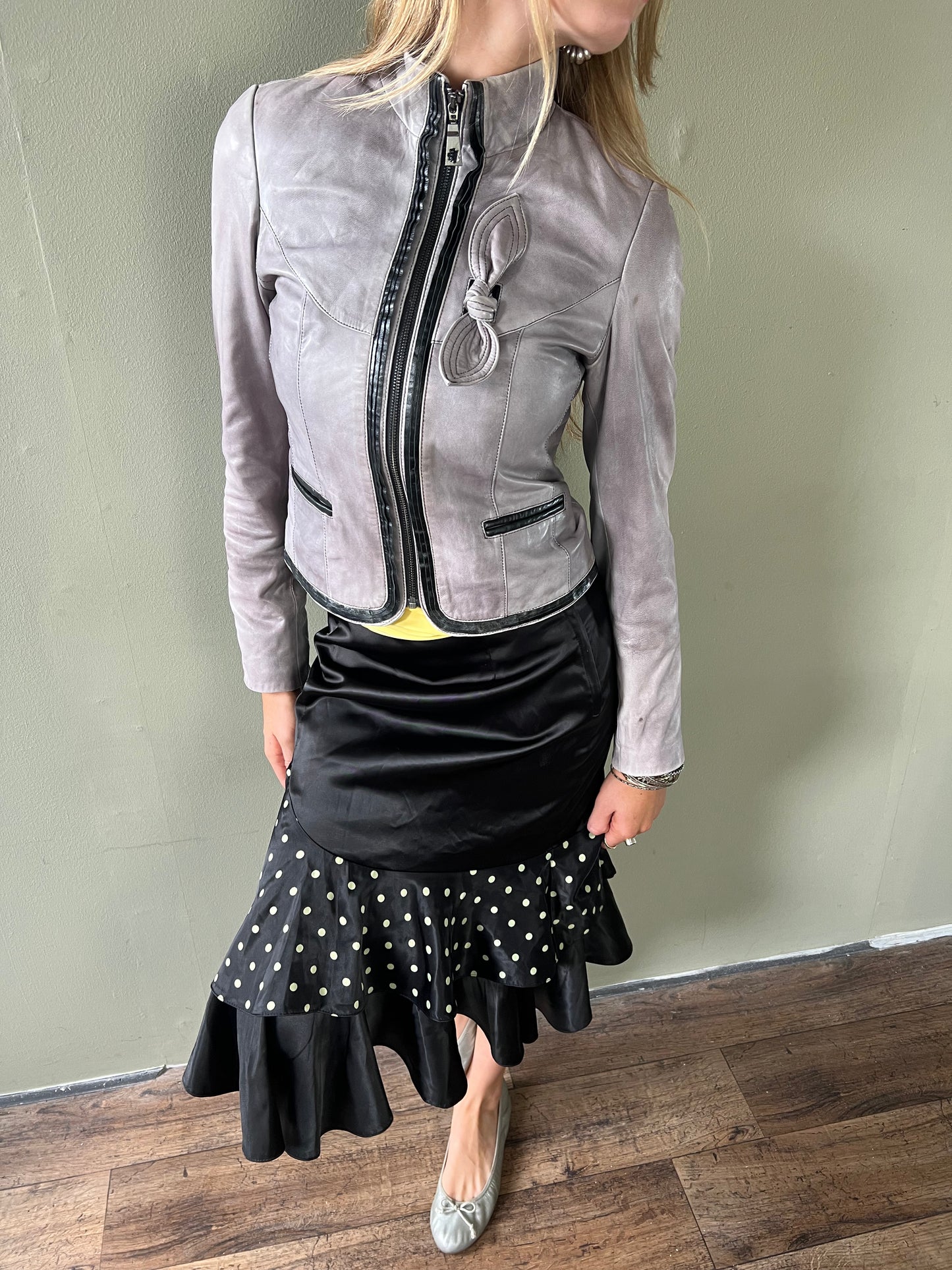 vintage grey zip up leather jacket