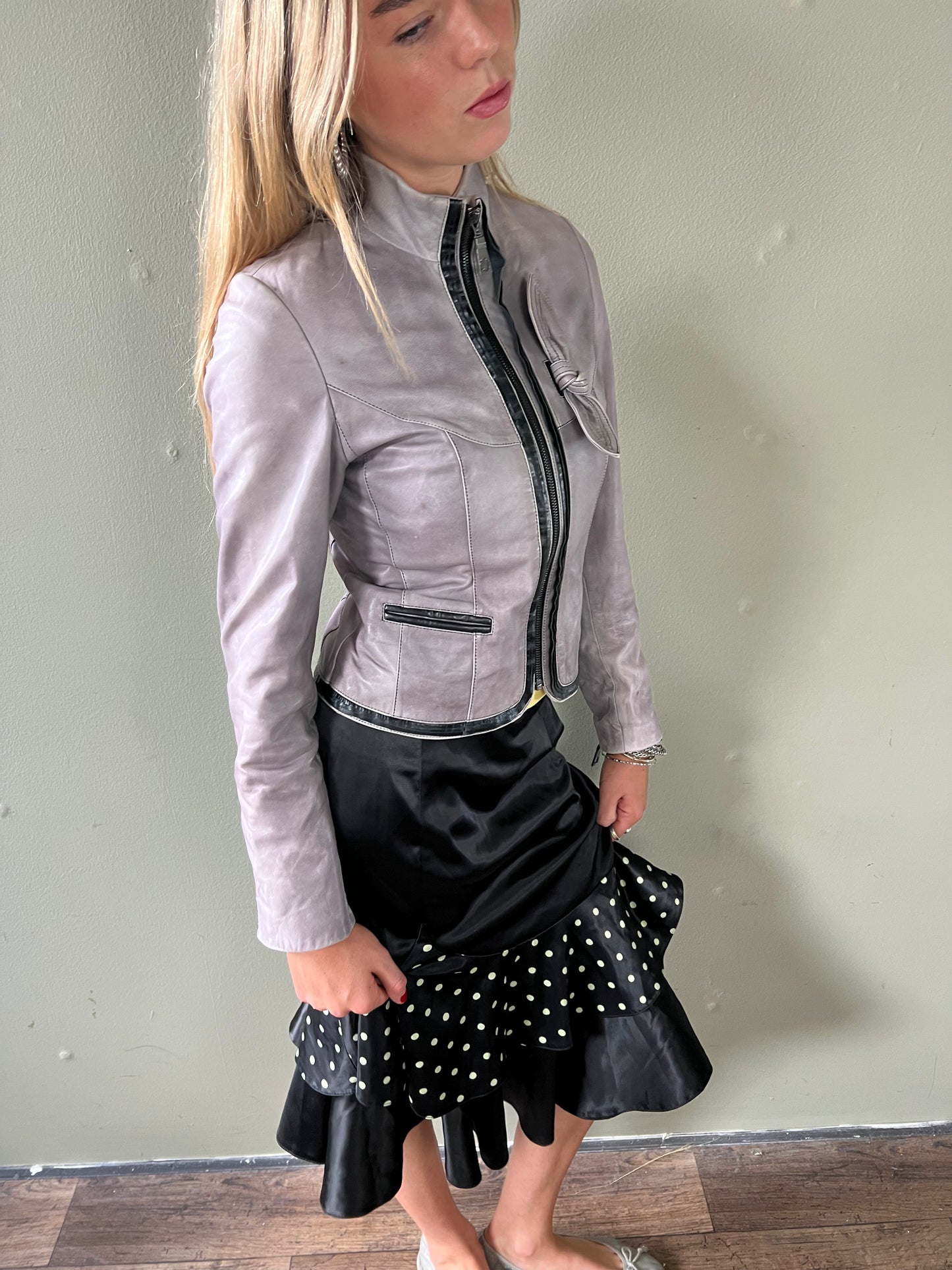 vintage grey zip up leather jacket