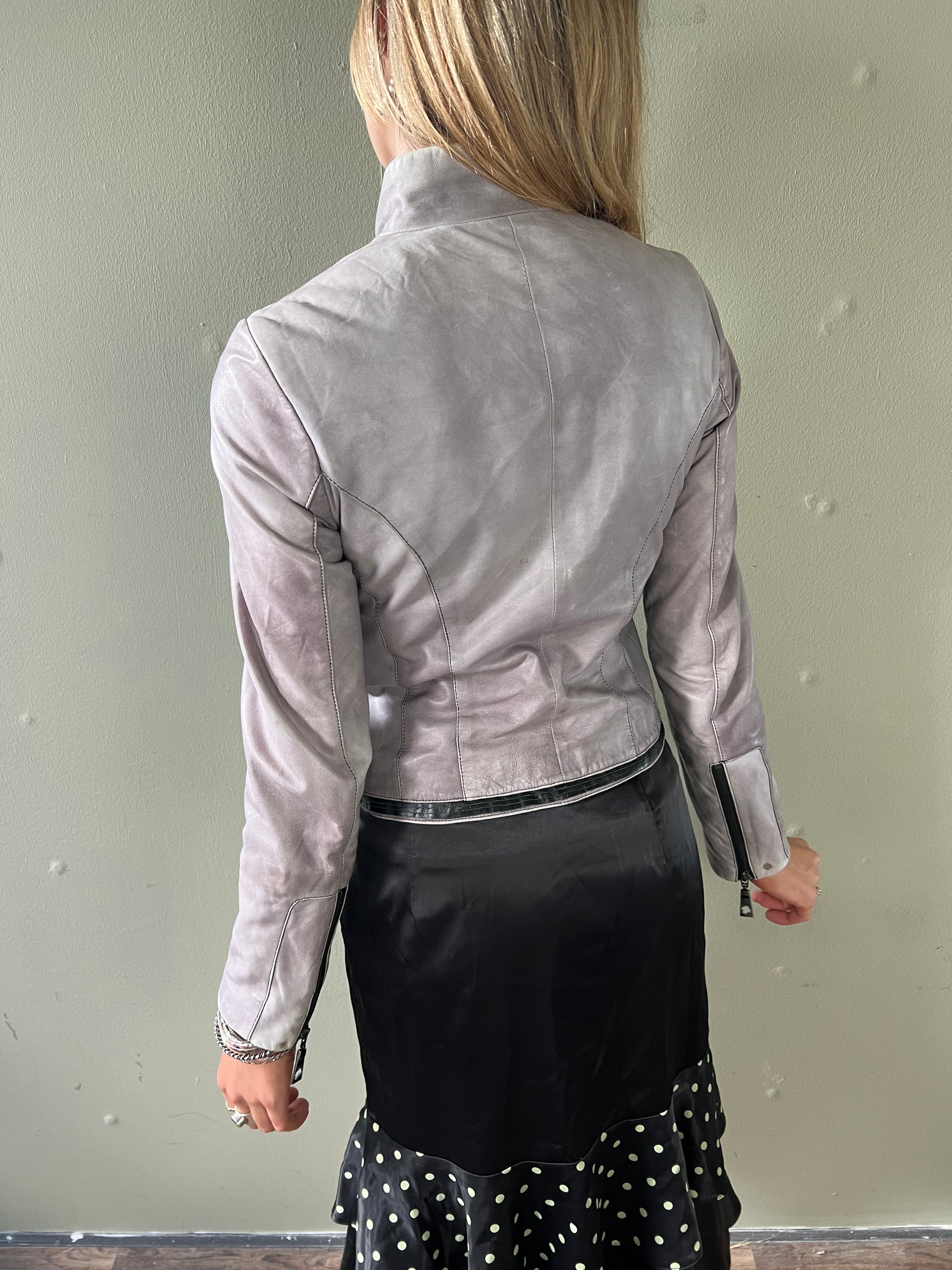 vintage grey zip up leather jacket