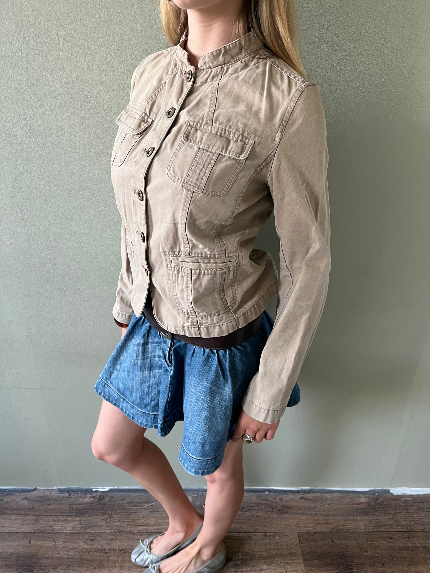 beige button up military jacket