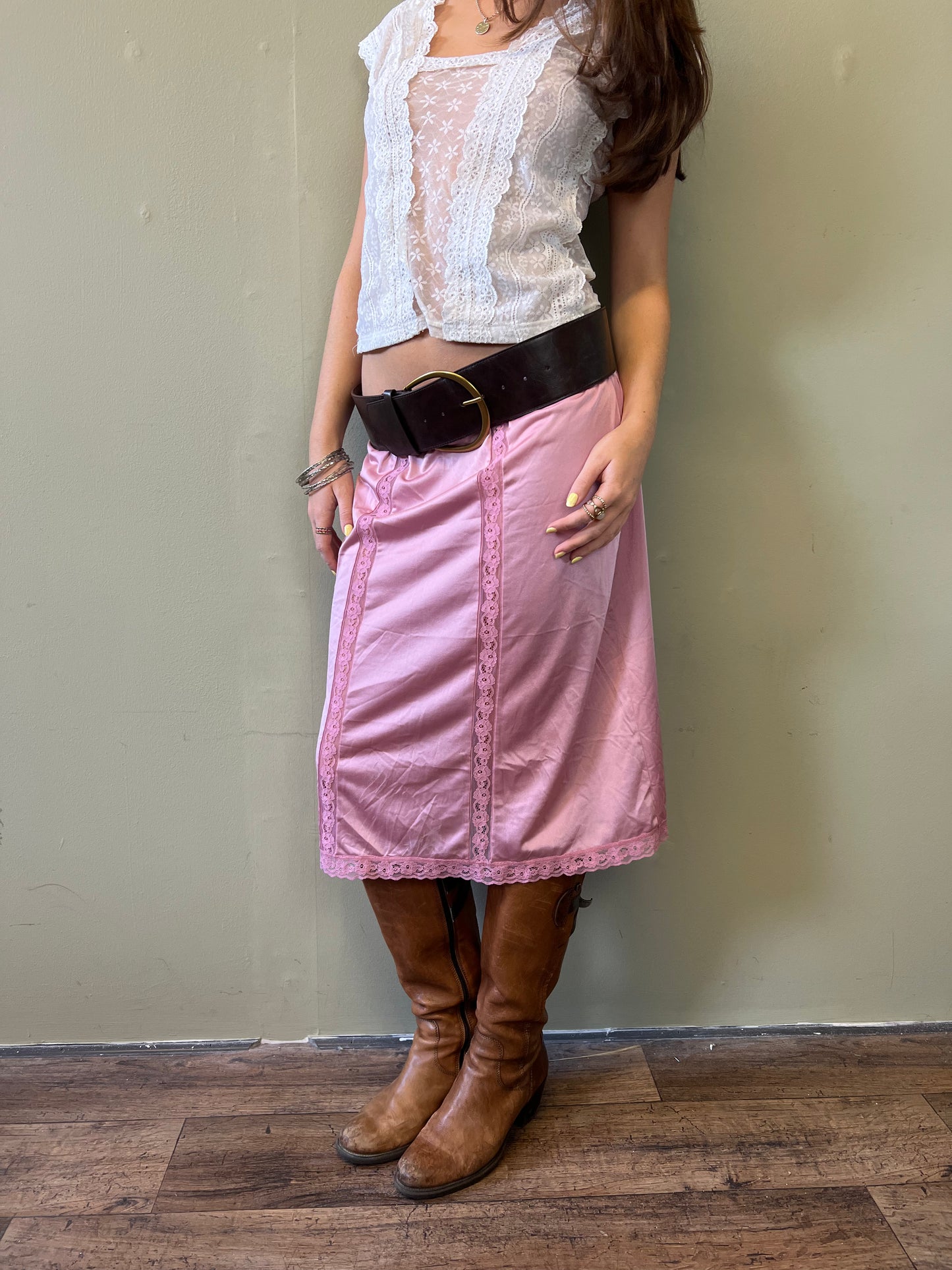 pink lace midi slip skirt