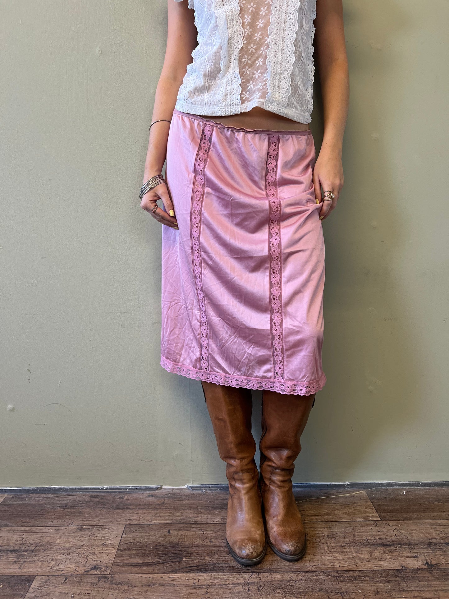 pink lace midi slip skirt