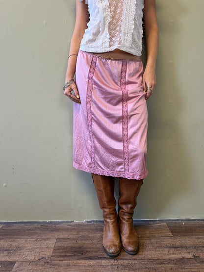 pink lace midi slip skirt
