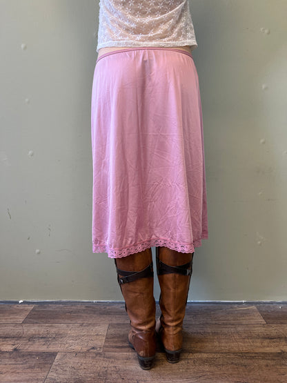 pink lace midi slip skirt