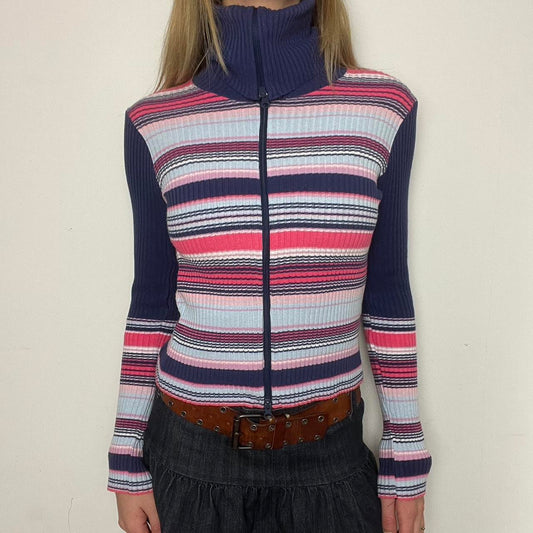 striped ribbed knit zip up jumper