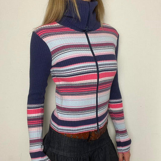 striped ribbed knit zip up jumper