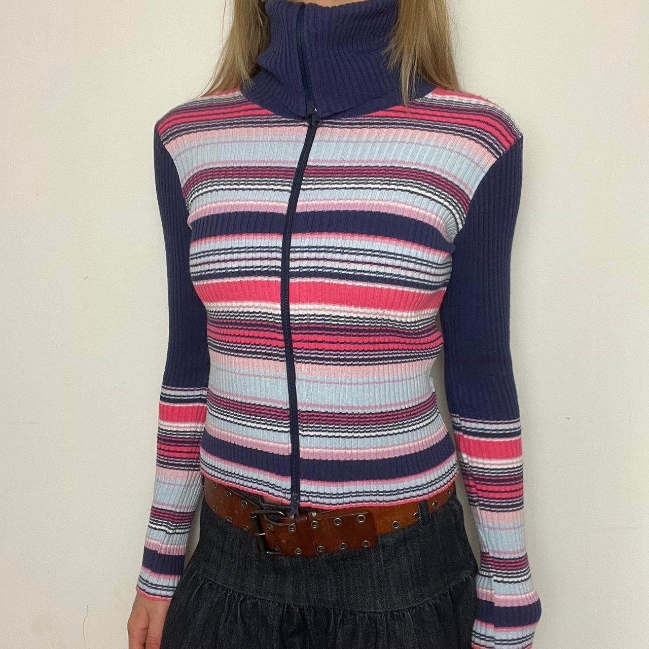striped ribbed knit zip up jumper