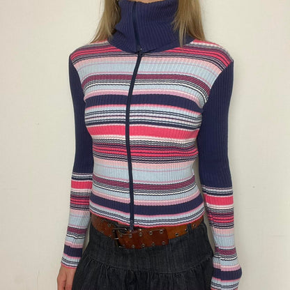 striped ribbed knit zip up jumper