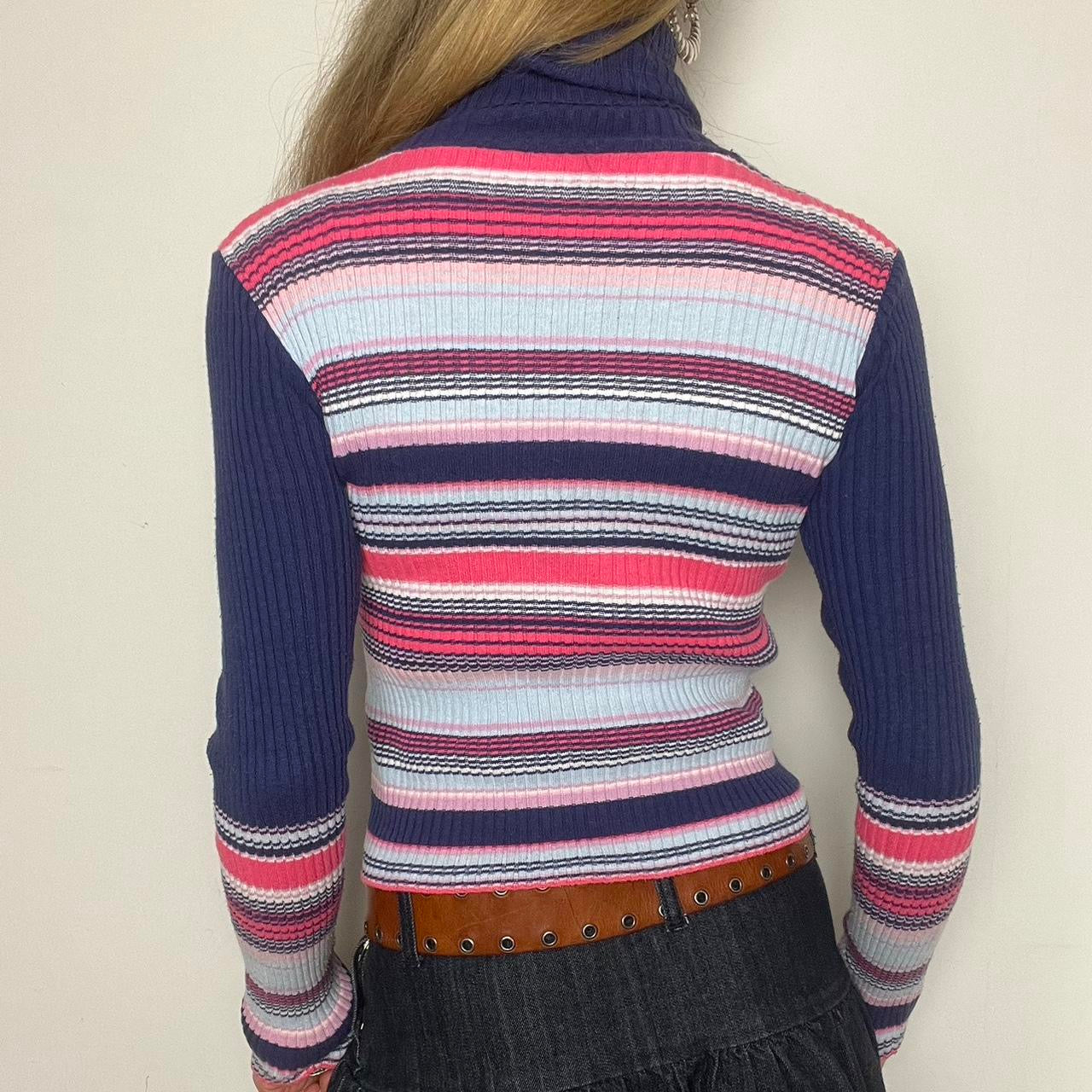 striped ribbed knit zip up jumper
