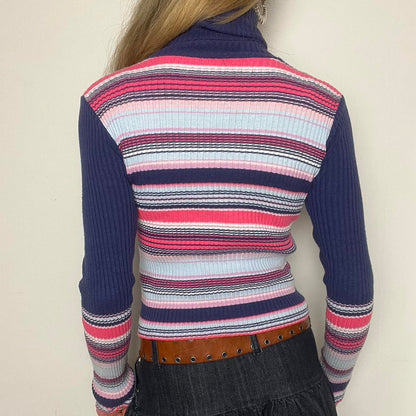 striped ribbed knit zip up jumper