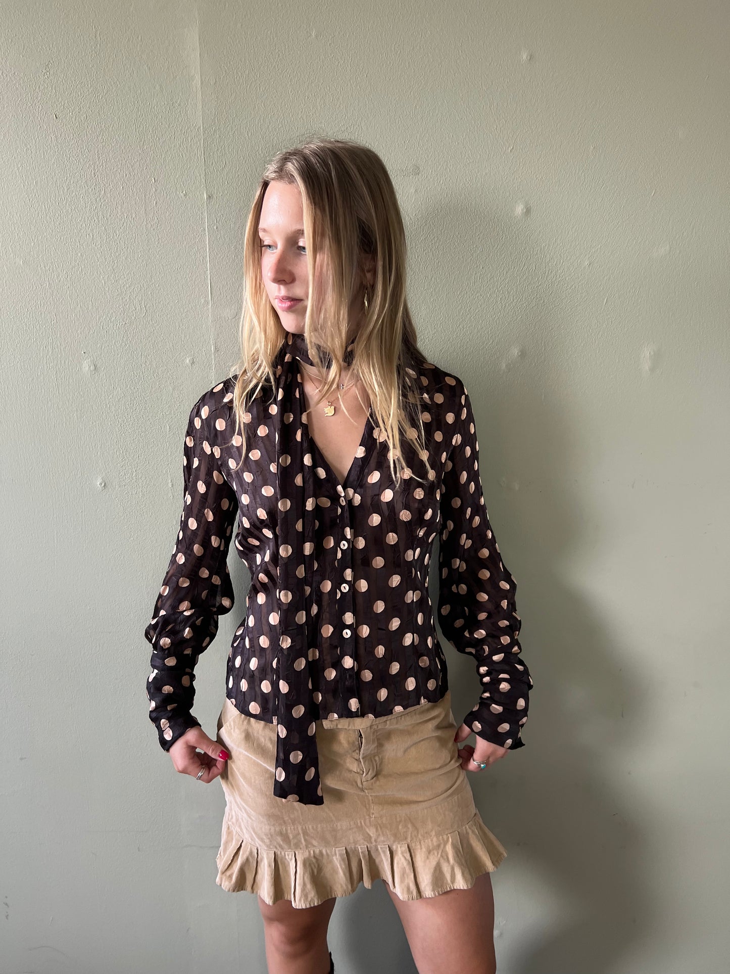 vintage 00s brown polka dot blouse with scarf