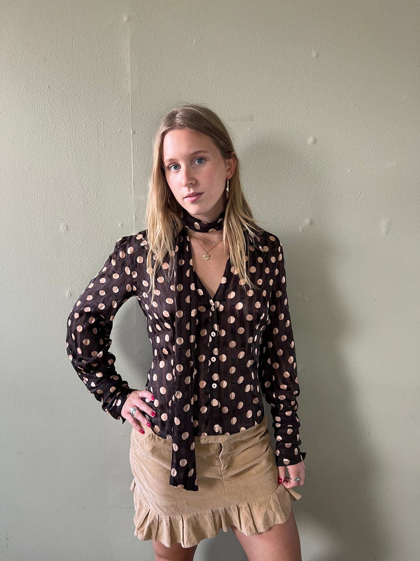 vintage 00s brown polka dot blouse with scarf