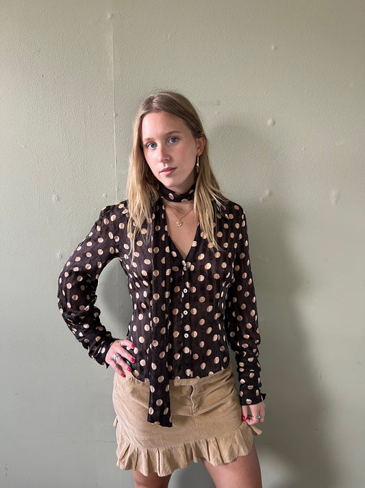 vintage 00s brown polka dot blouse with scarf
