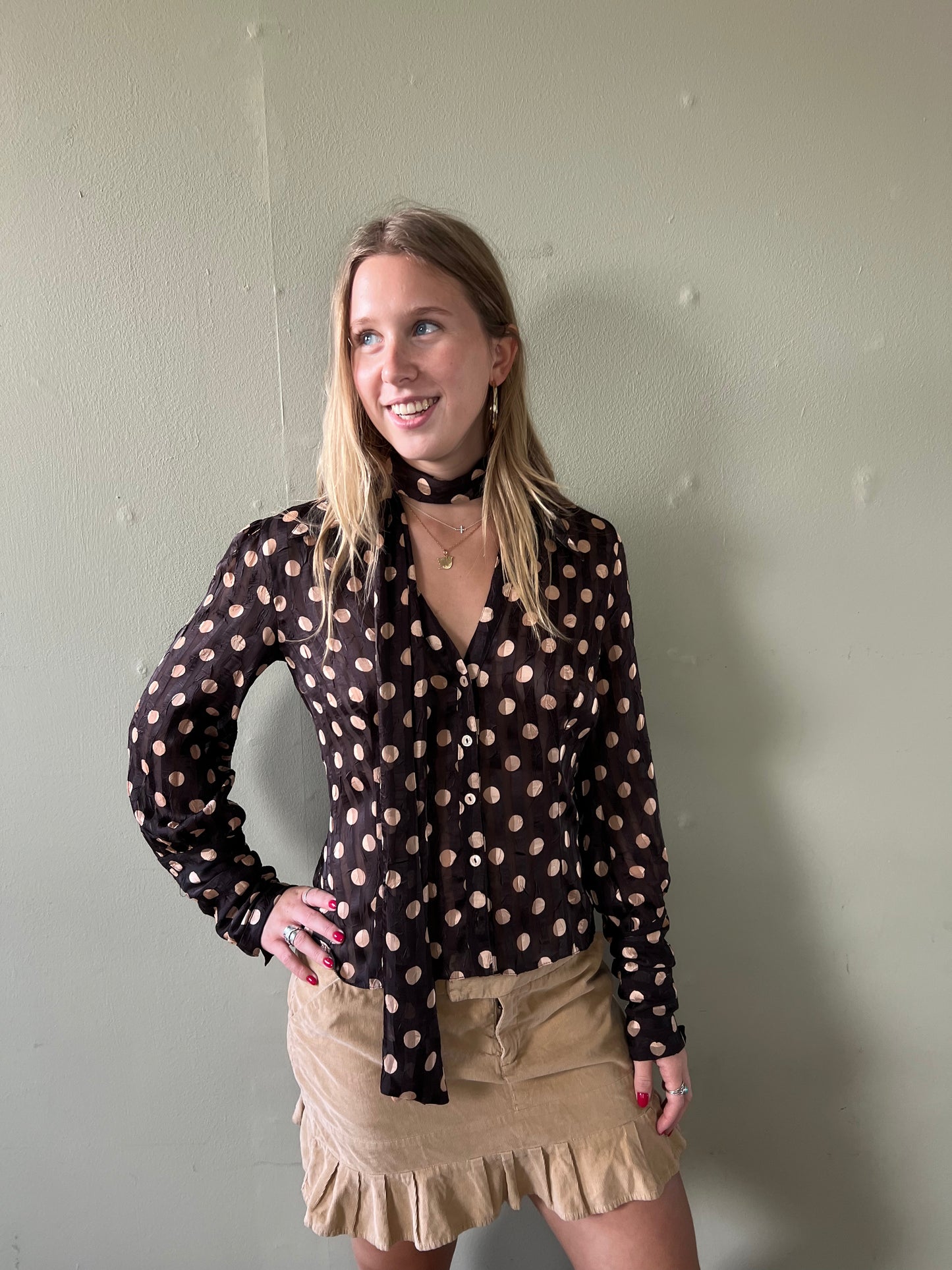 vintage 00s brown polka dot blouse with scarf