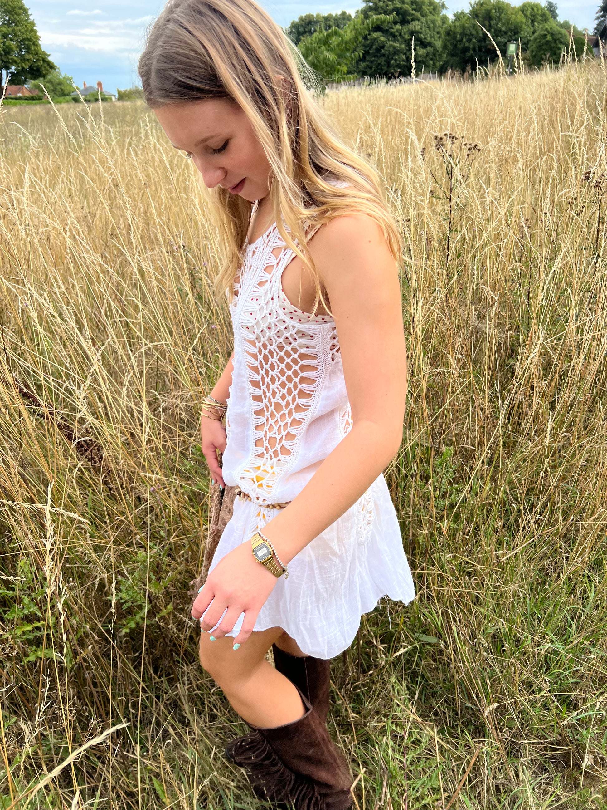 Boho white crochet dress