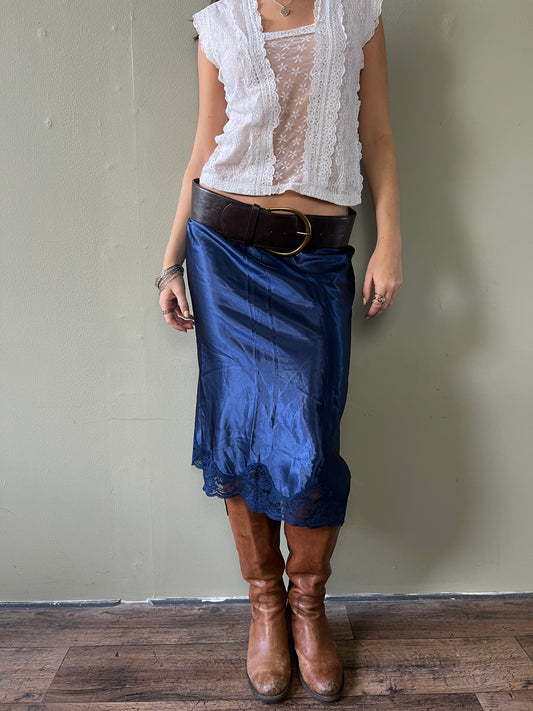 navy lace trim midi slip skirt