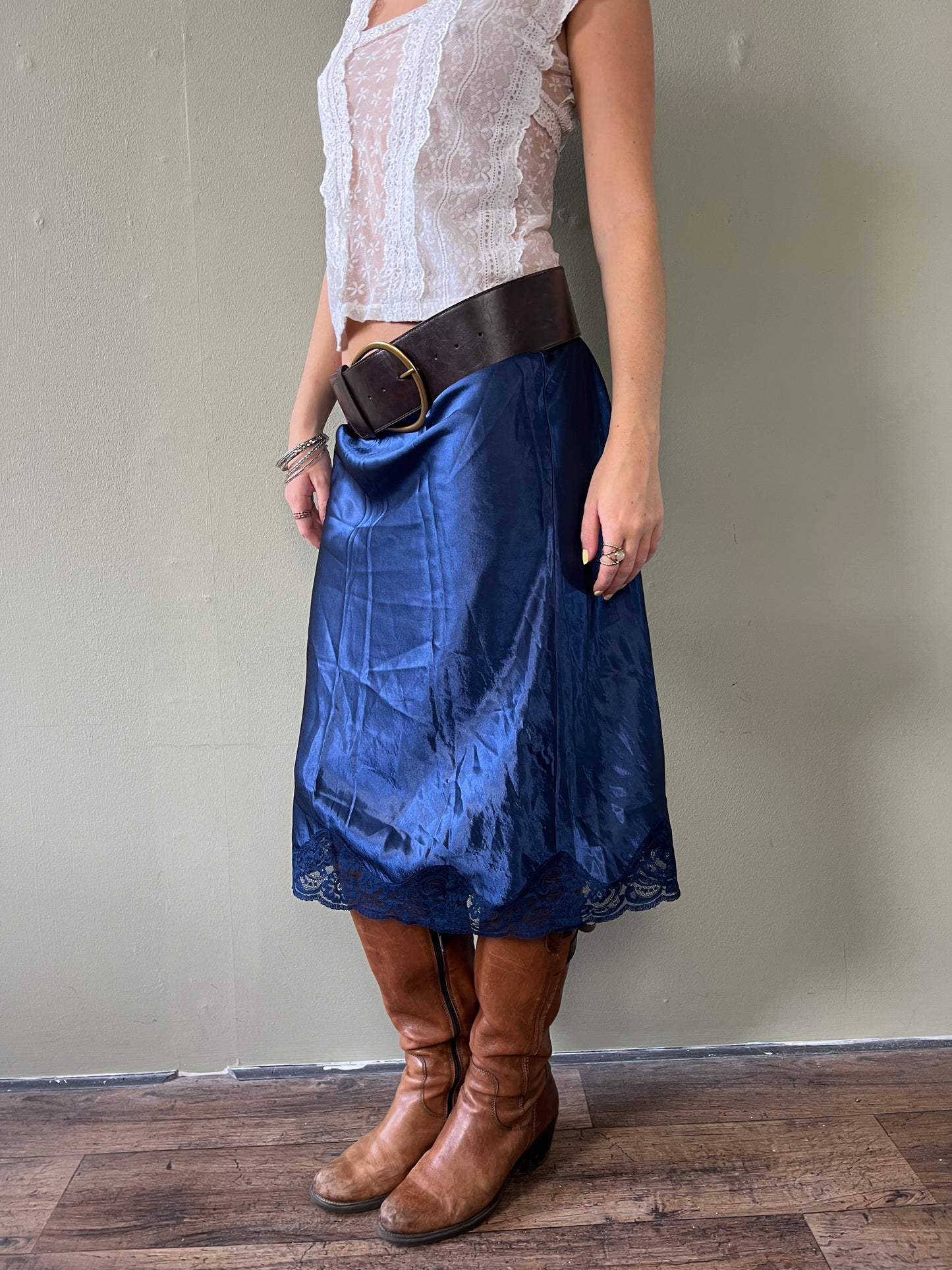 navy lace trim midi slip skirt