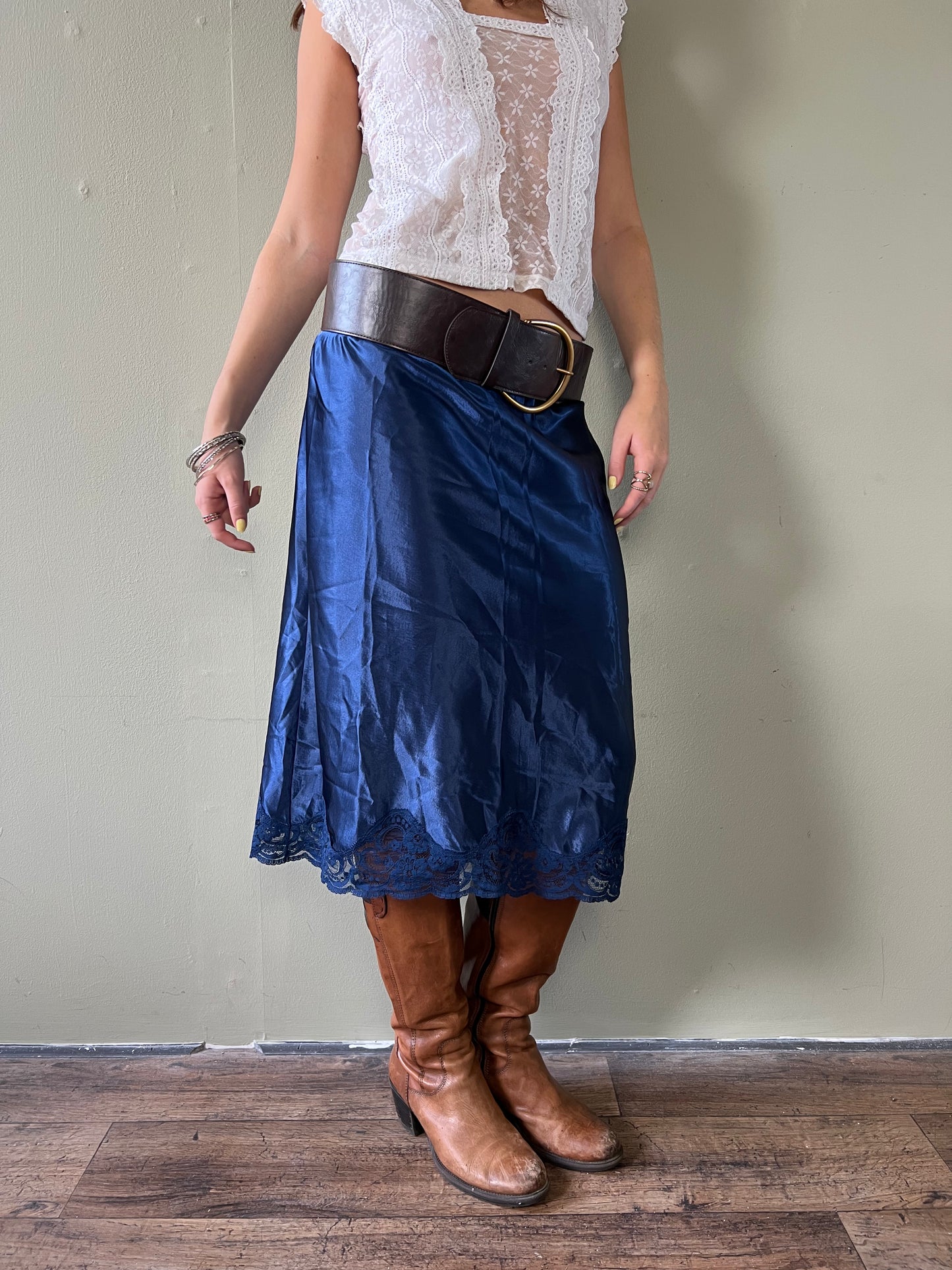 navy lace trim midi slip skirt