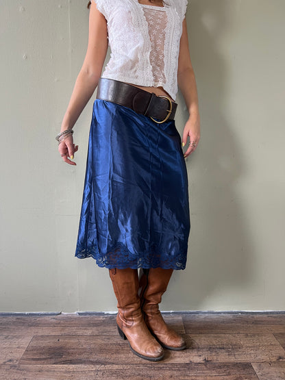navy lace trim midi slip skirt