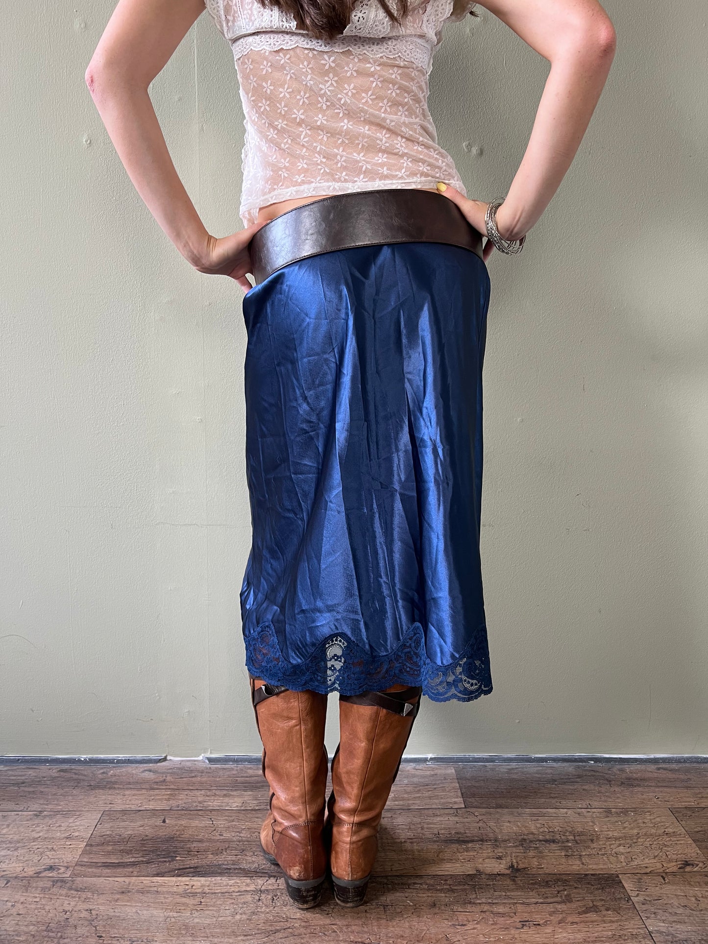 navy lace trim midi slip skirt