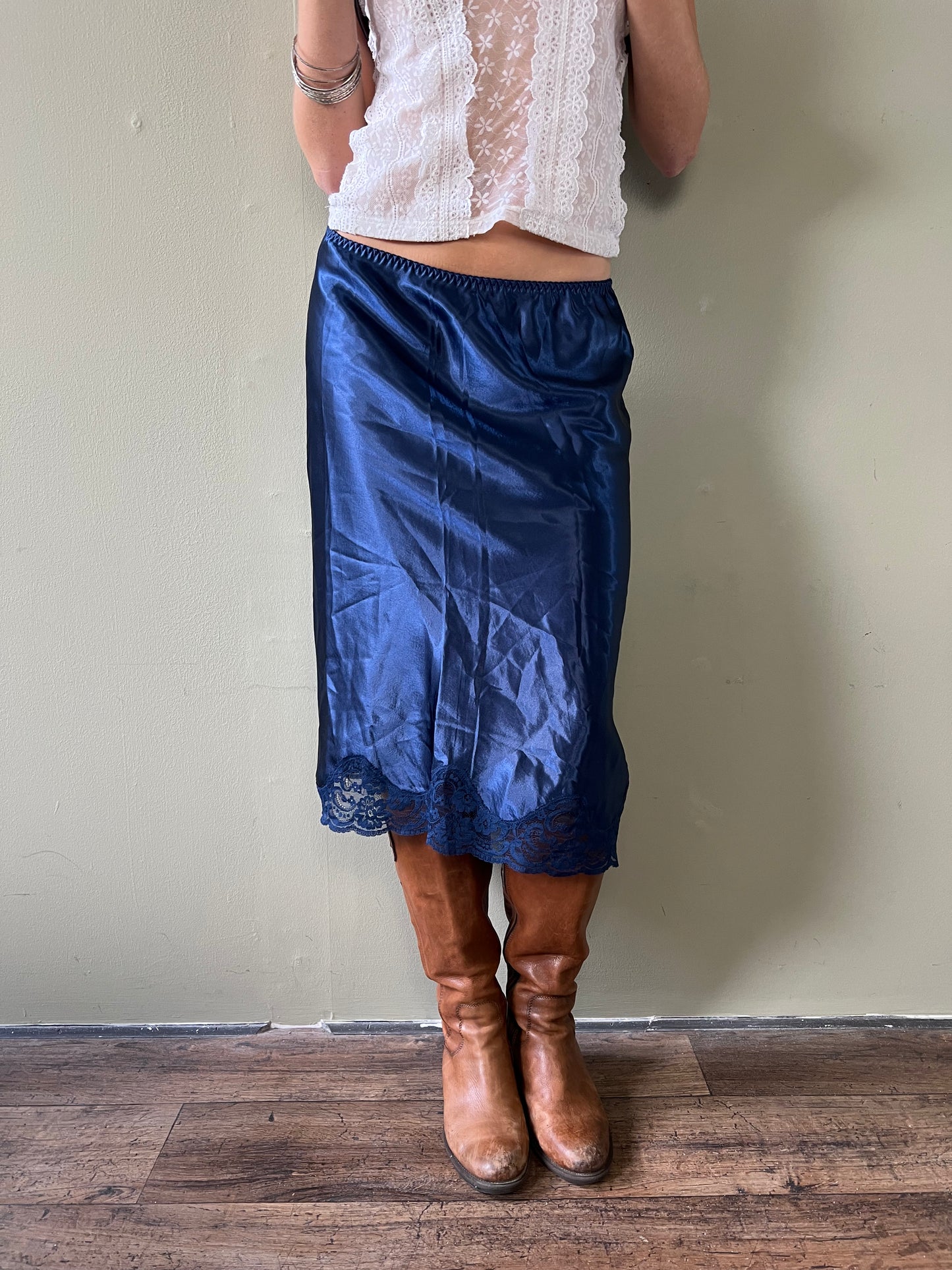navy lace trim midi slip skirt