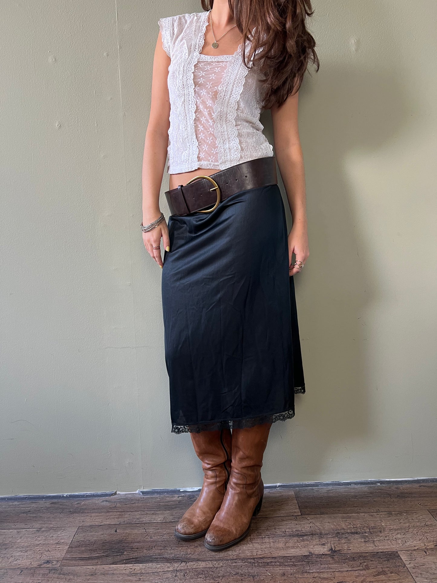 black lace trim midi slip skirt