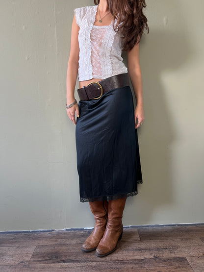 black lace trim midi slip skirt