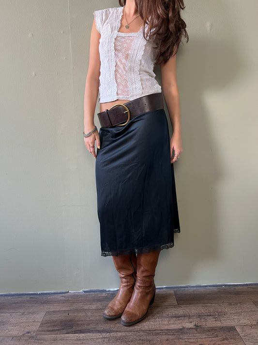 black lace trim midi slip skirt