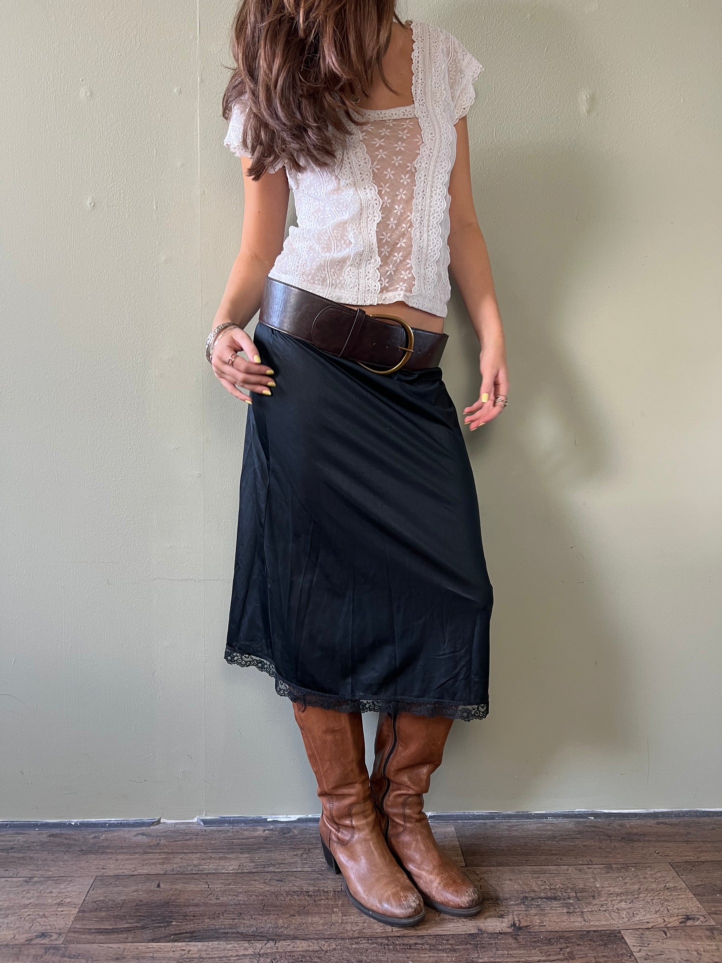 black lace trim midi slip skirt