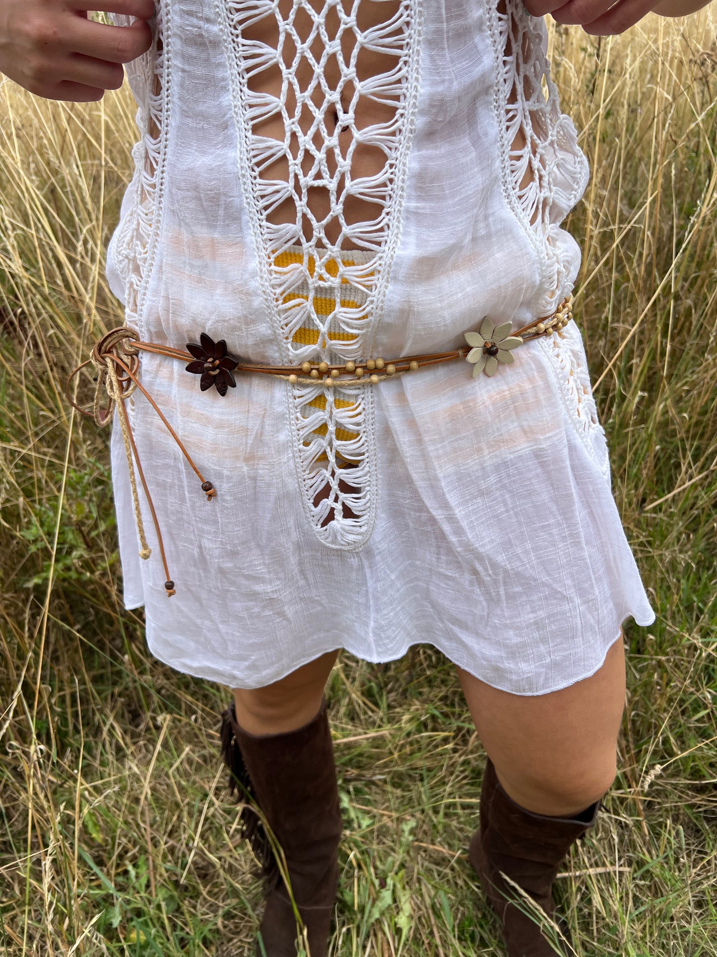 Brown flower beaded tie belt