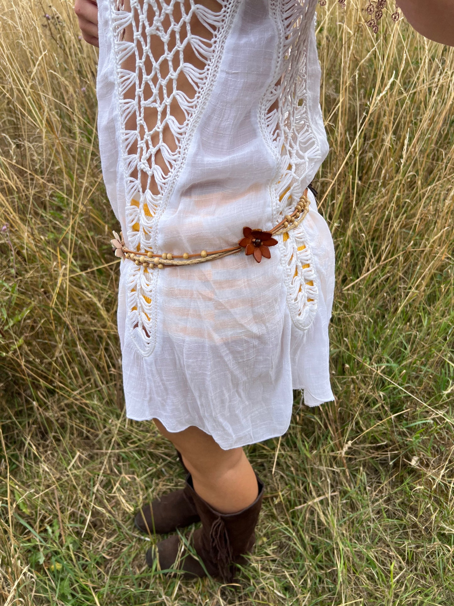 Brown flower beaded tie belt