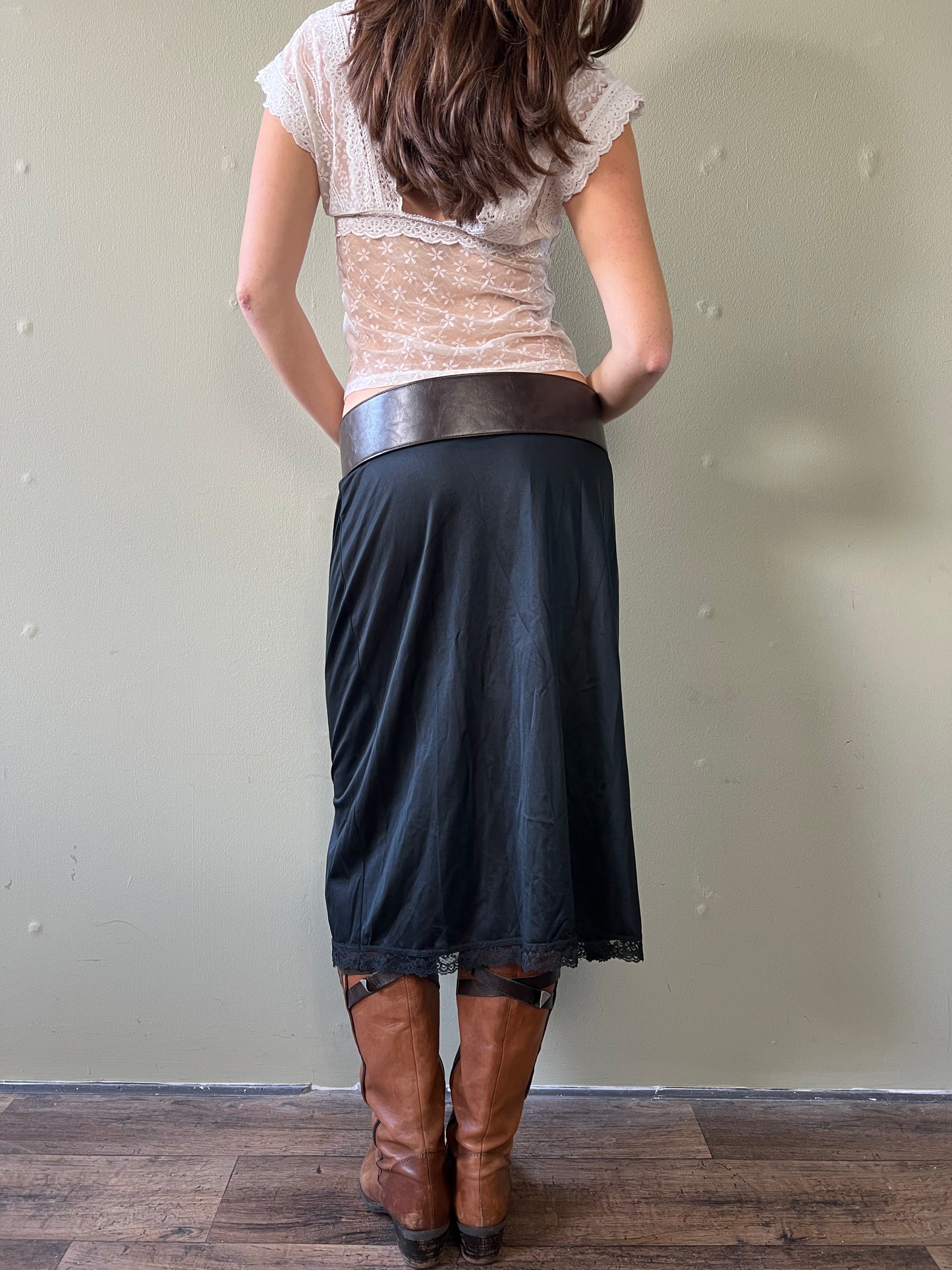 black lace trim midi slip skirt
