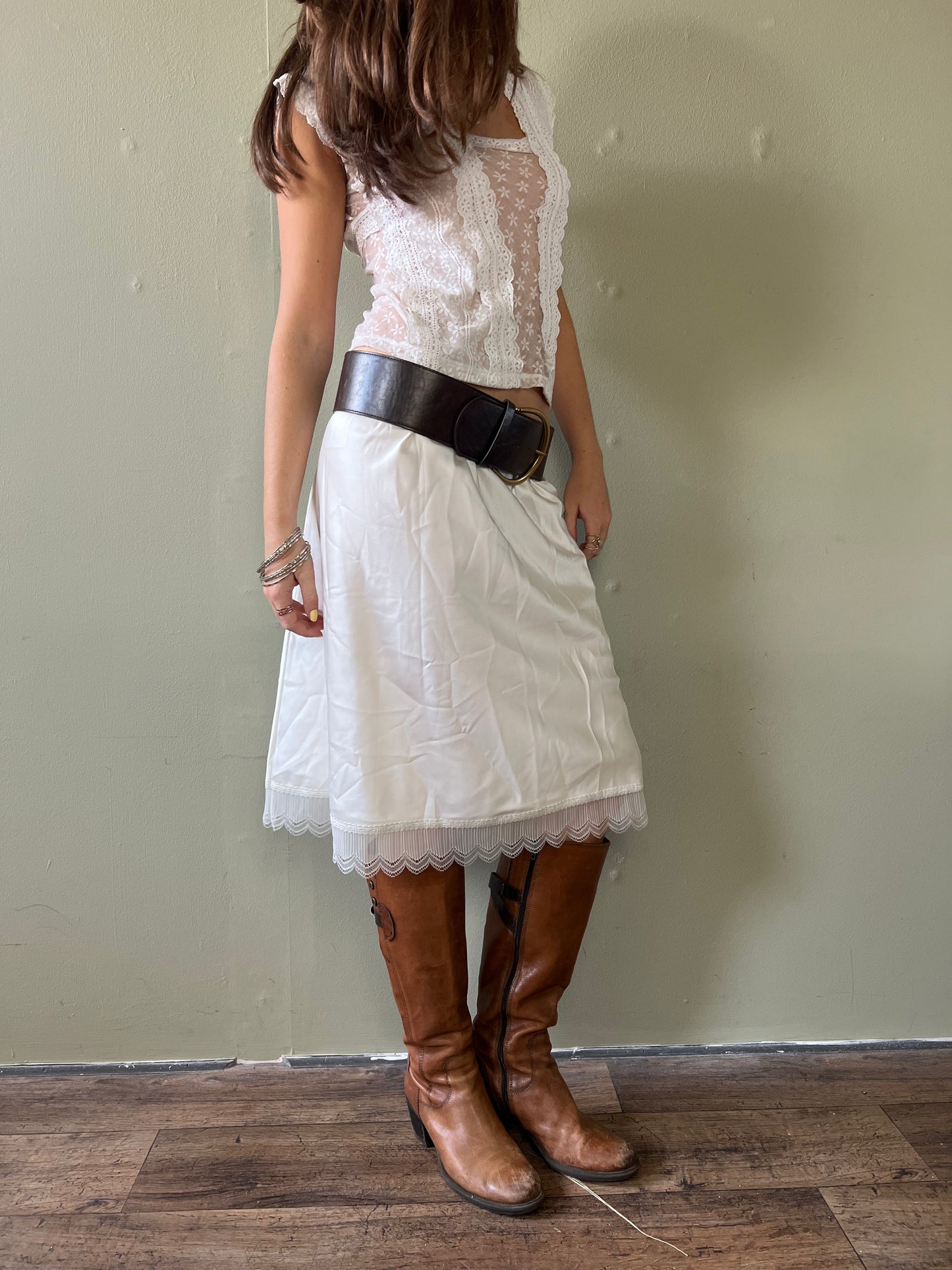 white lace trim midi slip skirt