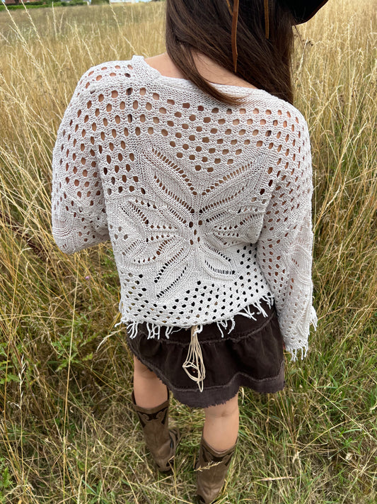 Cream crochet boho tassel cardigan