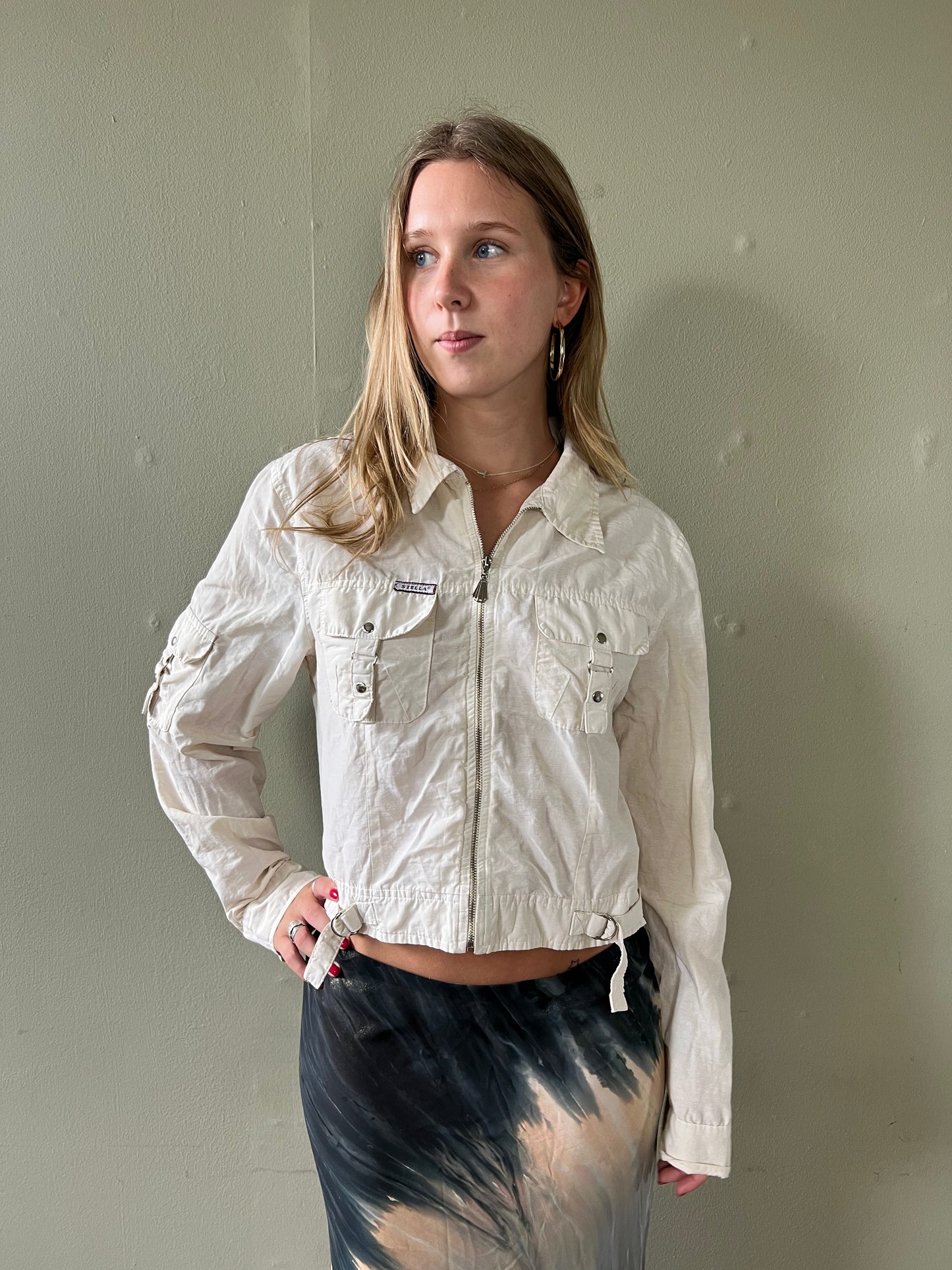 white zip up utility jacket