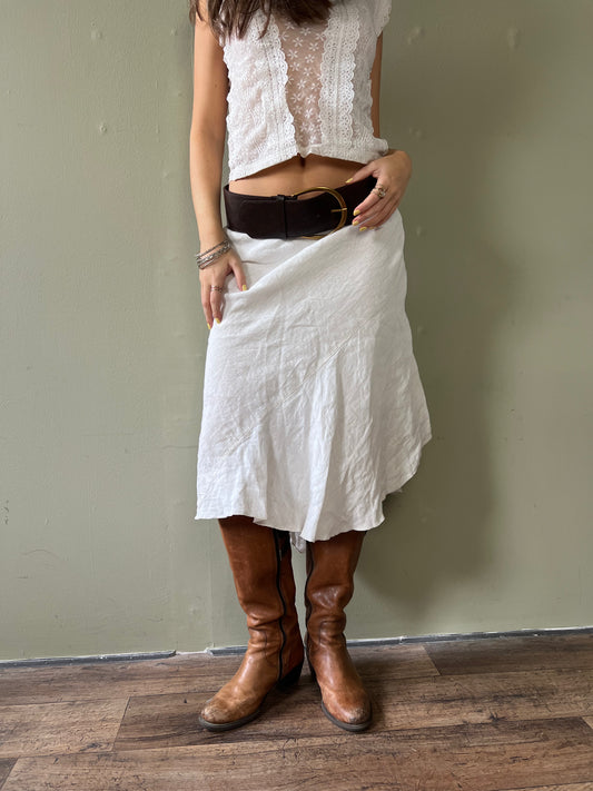 cream striped asymmetrical midi skirt