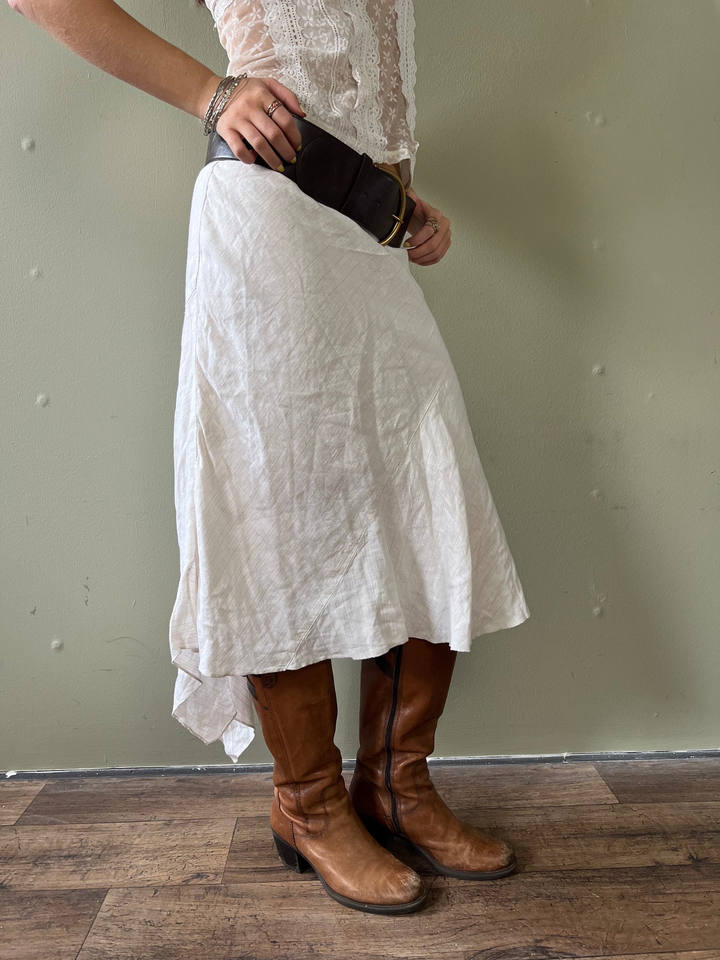 cream striped asymmetrical midi skirt