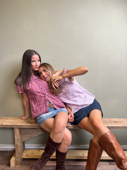 vintage 00s pink striped ruffle blouse