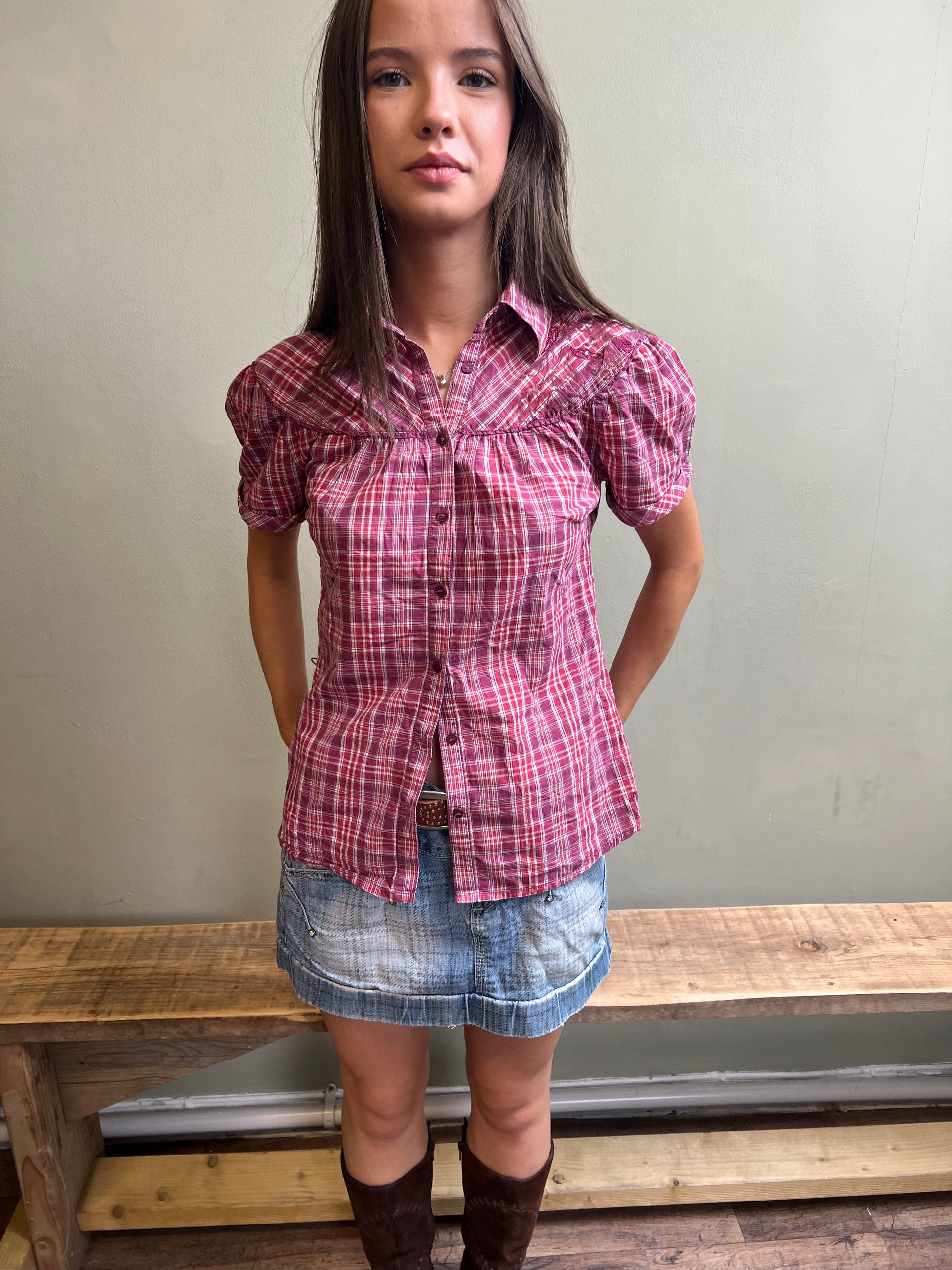 vintage 00s pink plaid blouse
