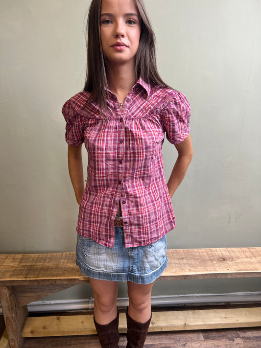vintage 00s pink plaid blouse