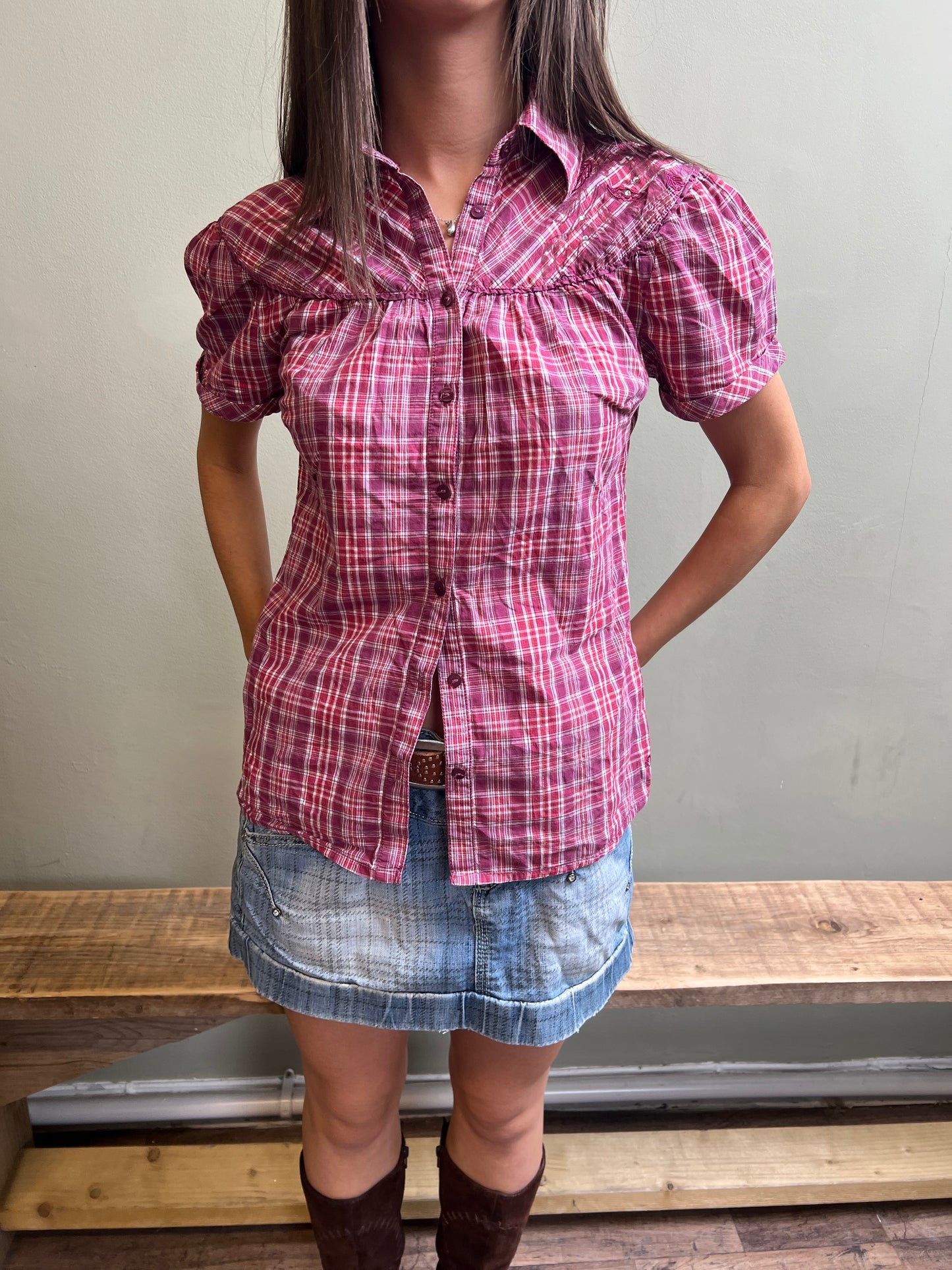 vintage 00s pink plaid blouse