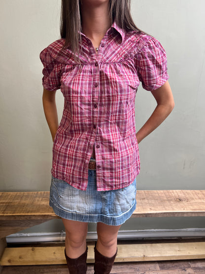 vintage 00s pink plaid blouse