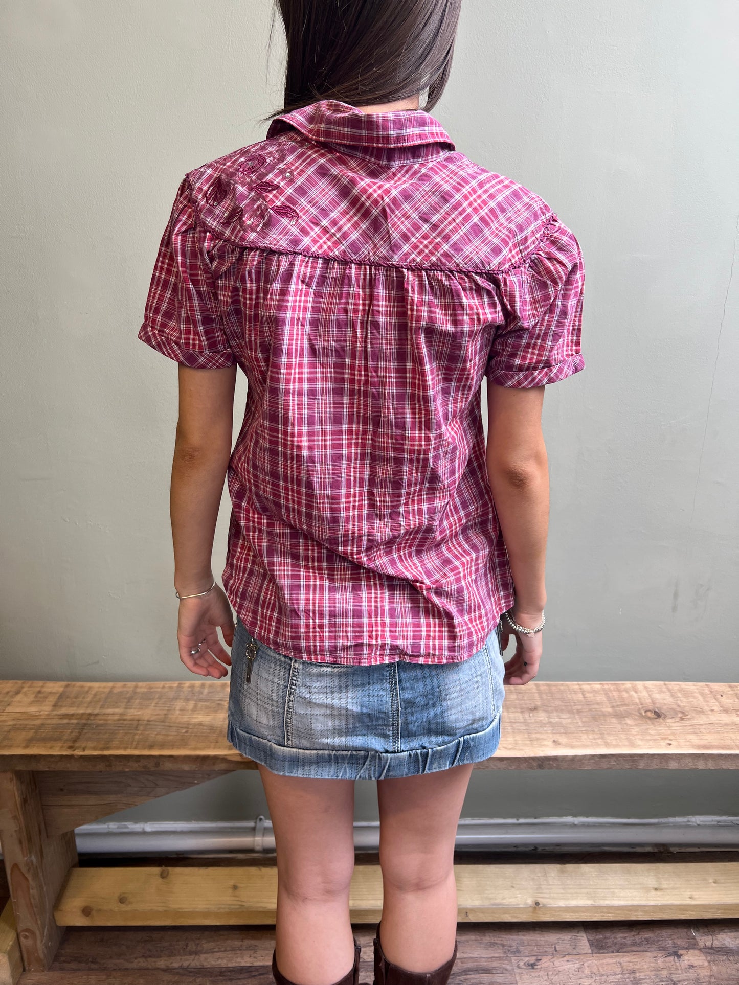 vintage 00s pink plaid blouse